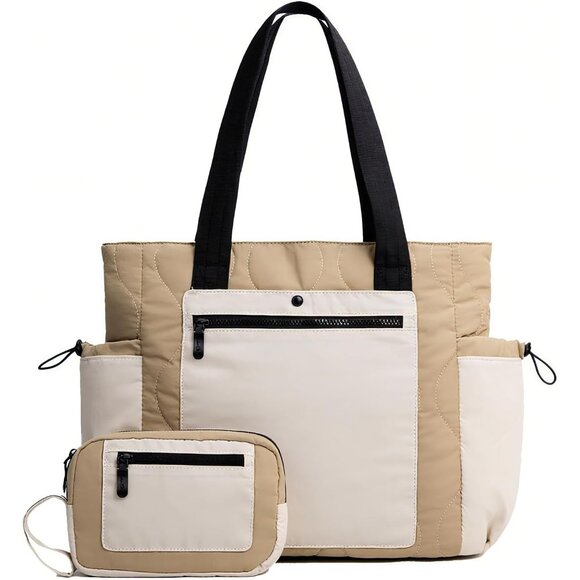 Handbags - Cream Khaki Lightweight Puffer Tote Bag for Women with Laptop Compartment